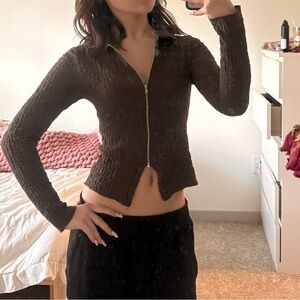 Brown Ribbed Zip-Up Cardigan